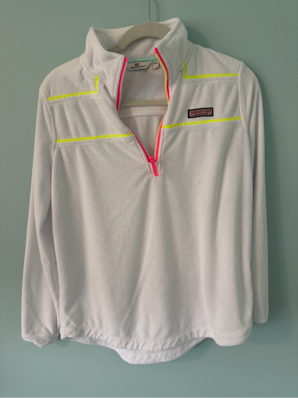 Vineyard Vines White Terry Quarter-Zip Pullover with Neon Accents